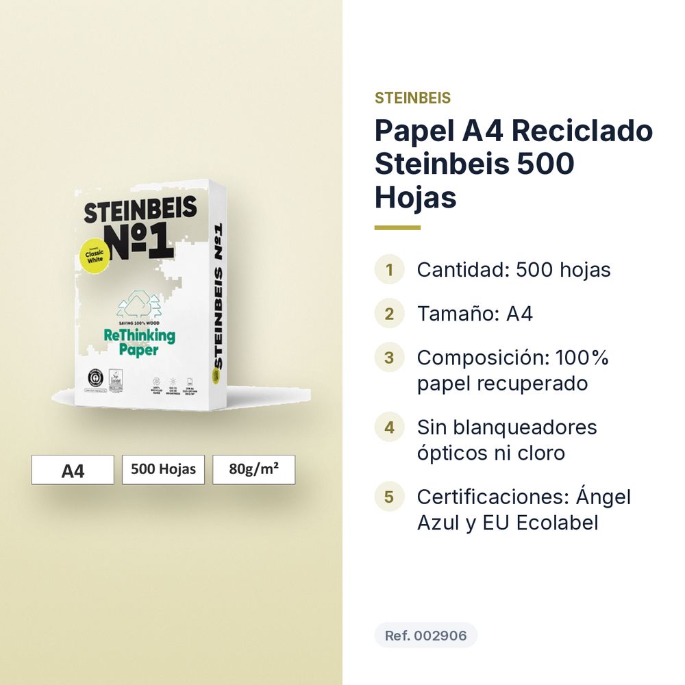 PAPEL A4 RECICLADO STEINBEIS 500 HOJAS - características principales