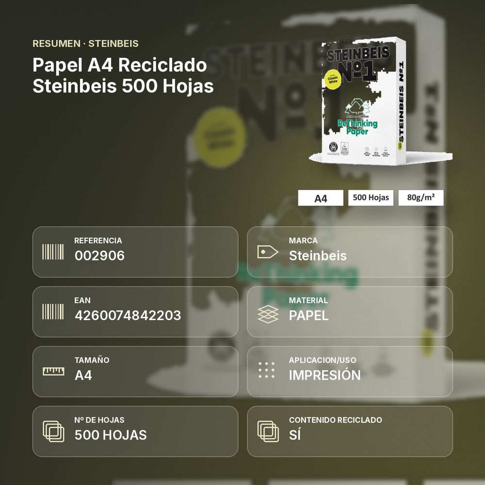 PAPEL A4 RECICLADO STEINBEIS 500 HOJAS - resumen de atributos