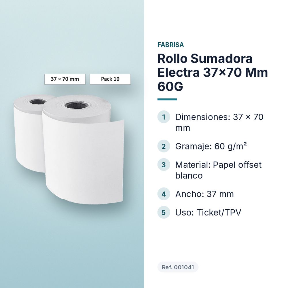 ROLLO SUMADORA ELECTRA 37×70 MM 60G  - características principales