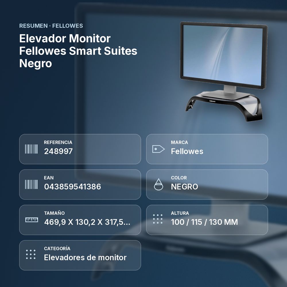 ELEVADOR MONITOR FELLOWES SMART SUITES  NEGRO - resumen de atributos