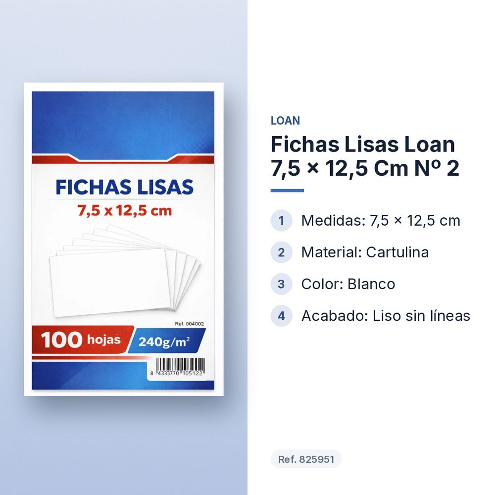 FICHAS LISAS LOAN 7,5 X 12,5 CM Nº 2 - características principales