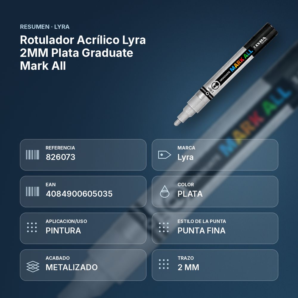 ROTULADOR ACRÍLICO LYRA 2MM PLATA GRADUATE MARK ALL - resumen de atributos