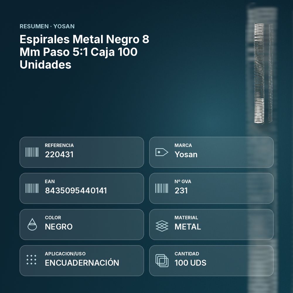 ESPIRALES METAL NEGRO 8 MM PASO 5:1 CAJA 100 UNIDADES  - resumen de atributos