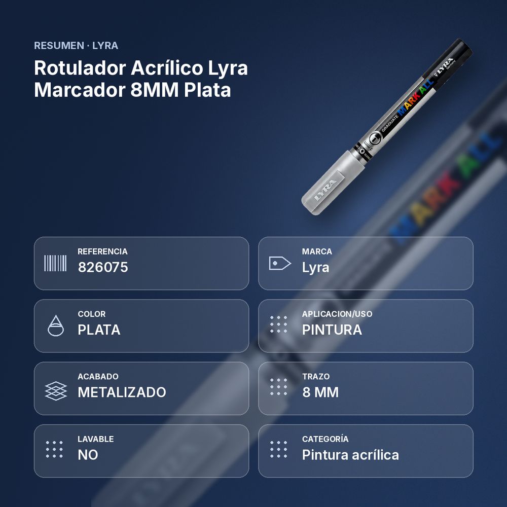 ROTULADOR ACRÍLICO LYRA MARCADOR 8MM PLATA  - resumen de atributos