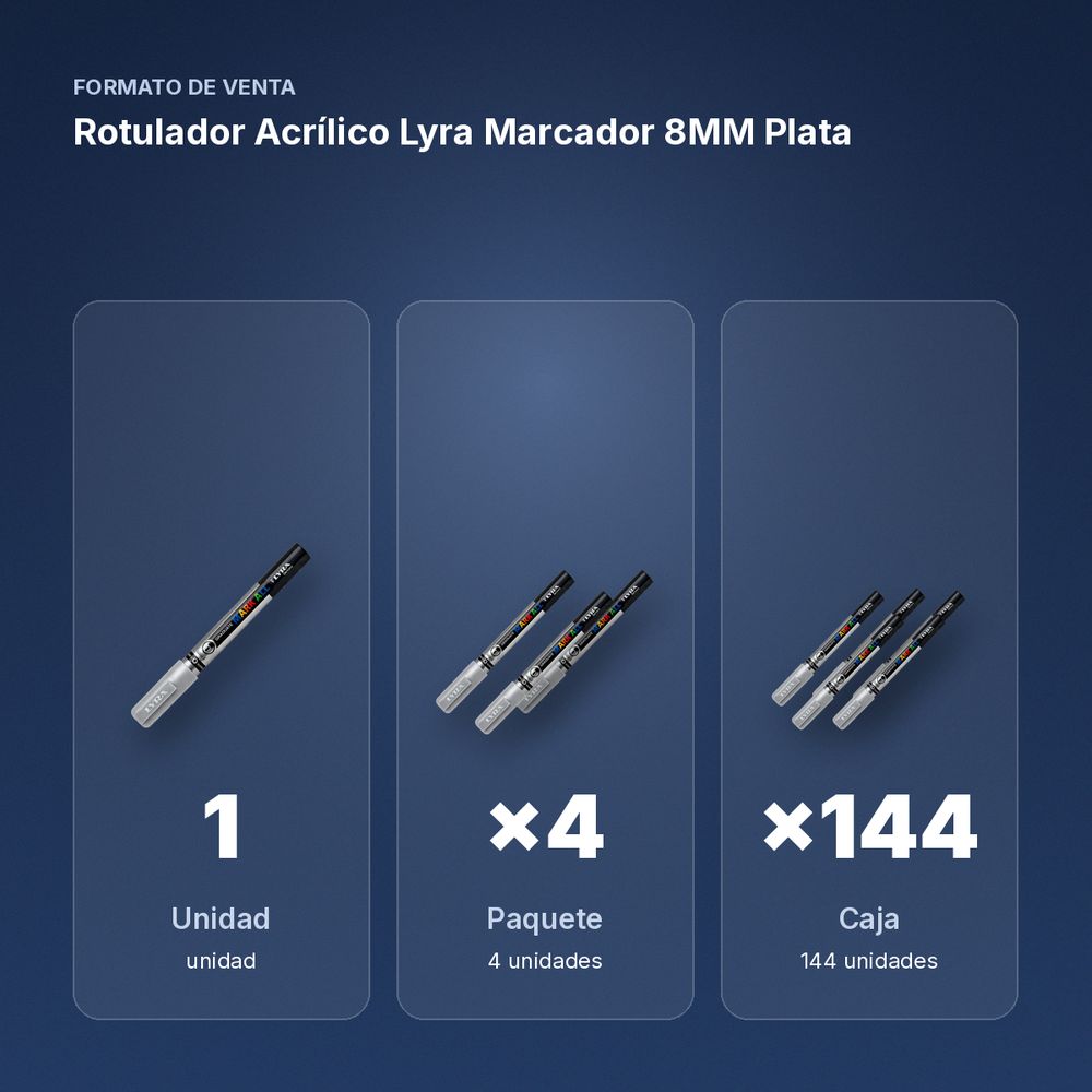 ROTULADOR ACRÍLICO LYRA MARCADOR 8MM PLATA  - formato de venta: paquete de 4, caja de 144