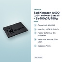 SSD KINGSTON A400 2,5" 480 GB SATA III – SA400S37/480G - características principales