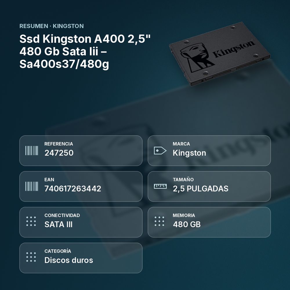 SSD KINGSTON A400 2,5" 480 GB SATA III – SA400S37/480G - resumen de atributos