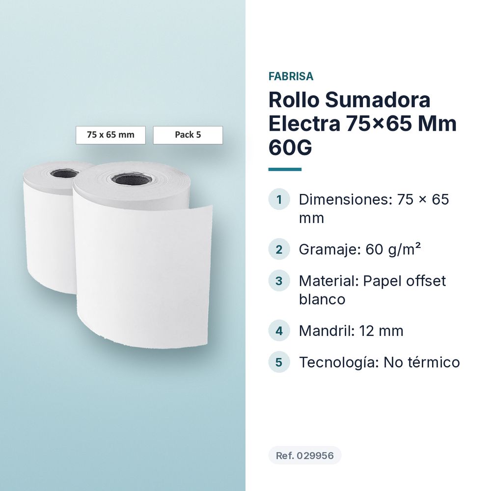 ROLLO SUMADORA ELECTRA 75×65 MM 60G  - características principales