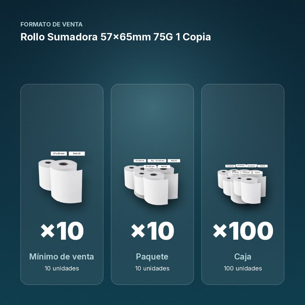 ROLLO SUMADORA 57×65MM 75G 1 COPIA   - formato de venta: paquete de 10, caja de 100