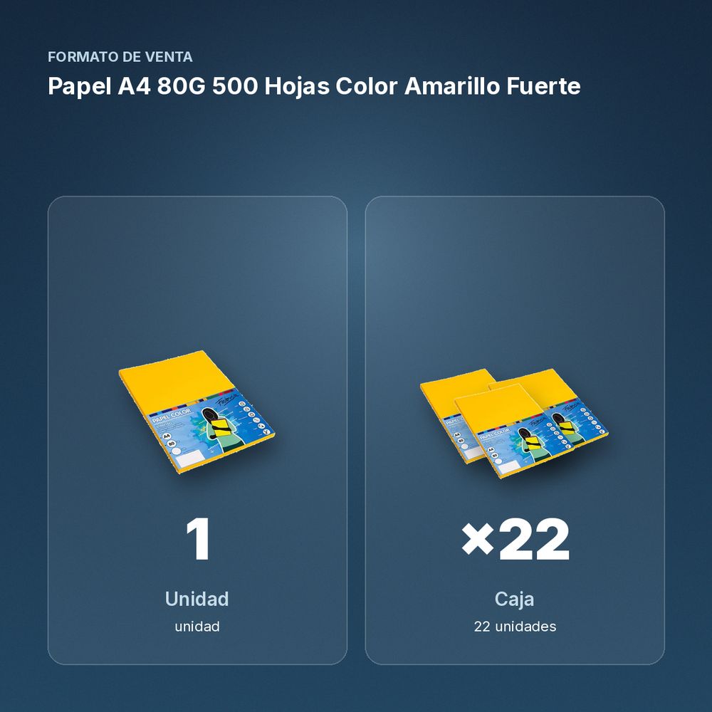 PAPEL A4 80G 500 HOJAS COLOR AMARILLO FUERTE - formato de venta: caja de 22
