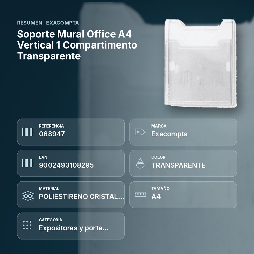 SOPORTE MURAL OFFICE A4 VERTICAL 1 COMPARTIMENTO TRANSPARENTE - resumen de atributos