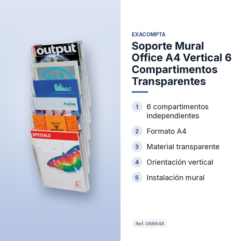 SOPORTE MURAL OFFICE A4 VERTICAL 6 COMPARTIMENTOS TRANSPARENTES - características principales