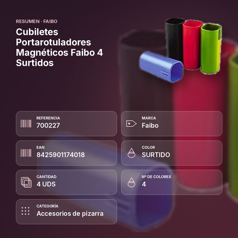 CUBILETES PORTAROTULADORES MAGNÉTICOS FAIBO 4 SURTIDOS - resumen de atributos