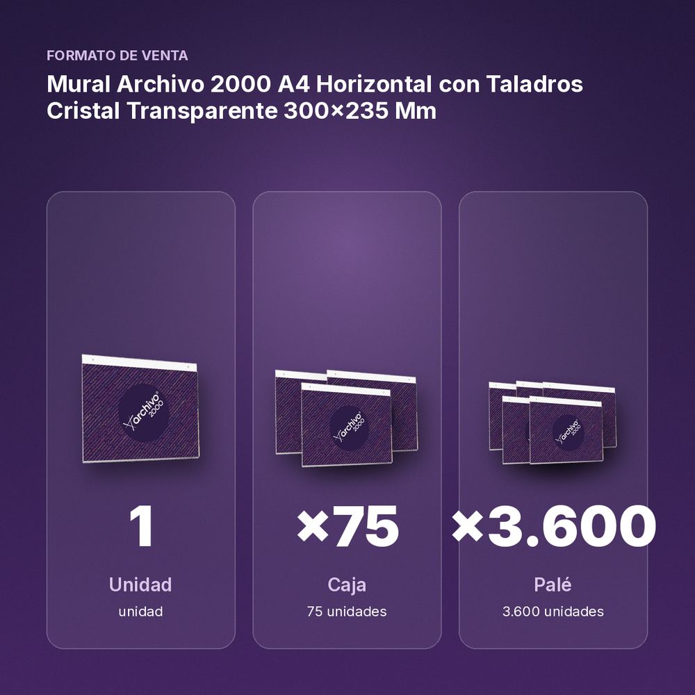 MURAL ARCHIVO 2000 A4 HORIZONTAL CON TALADROS CRISTAL TRANSPARENTE 300X235 MM - formato de venta: caja de 75, palé de 3600