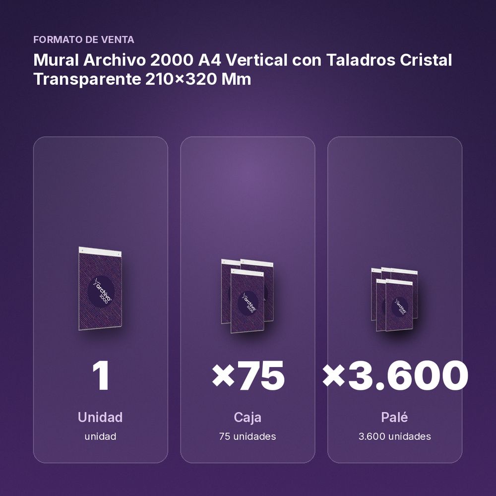 MURAL ARCHIVO 2000 A4 VERTICAL CON TALADROS CRISTAL TRANSPARENTE 210X320 MM - formato de venta: caja de 75, palé de 3600
