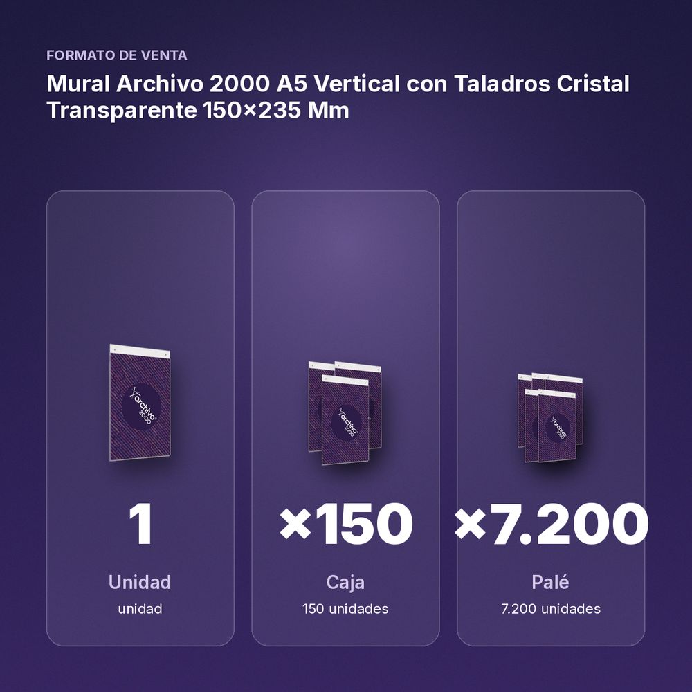 MURAL ARCHIVO 2000 A5 VERTICAL CON TALADROS CRISTAL TRANSPARENTE 150X235 MM - formato de venta: caja de 150, palé de 7200