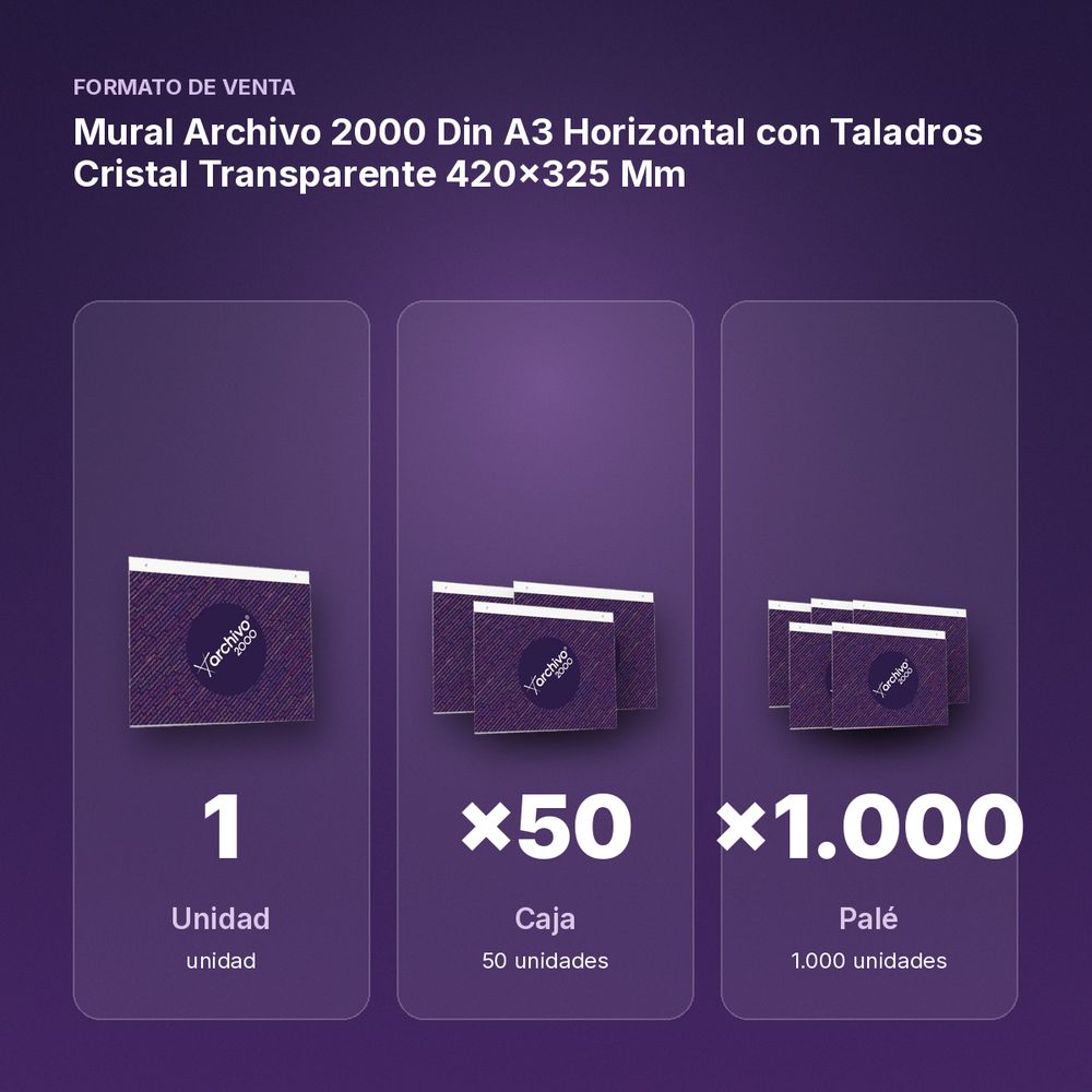 MURAL ARCHIVO 2000 DIN A3 HORIZONTAL CON TALADROS CRISTAL TRANSPARENTE 420X325 MM - formato de venta: caja de 50, palé de 1000