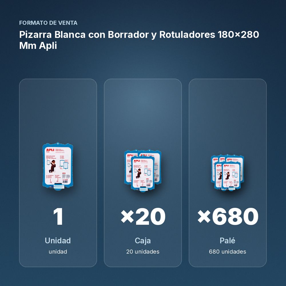 PIZARRA BLANCA CON BORRADOR Y ROTULADORES 180X280 MM APLI - formato de venta: caja de 20, palé de 680