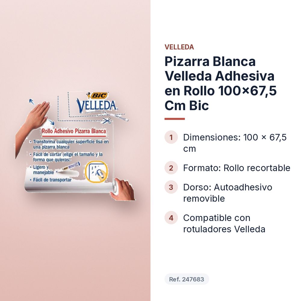 PIZARRA BLANCA VELLEDA ADHESIVA EN ROLLO 100X67,5 CM BIC - características principales
