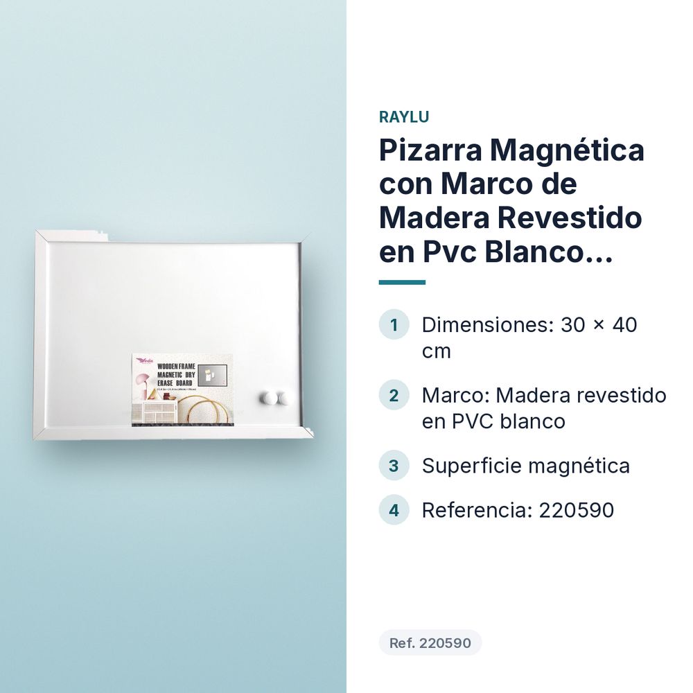 PIZARRA MAGNÉTICA CON MARCO DE MADERA REVESTIDO EN PVC BLANCO 30X40CM - características principales