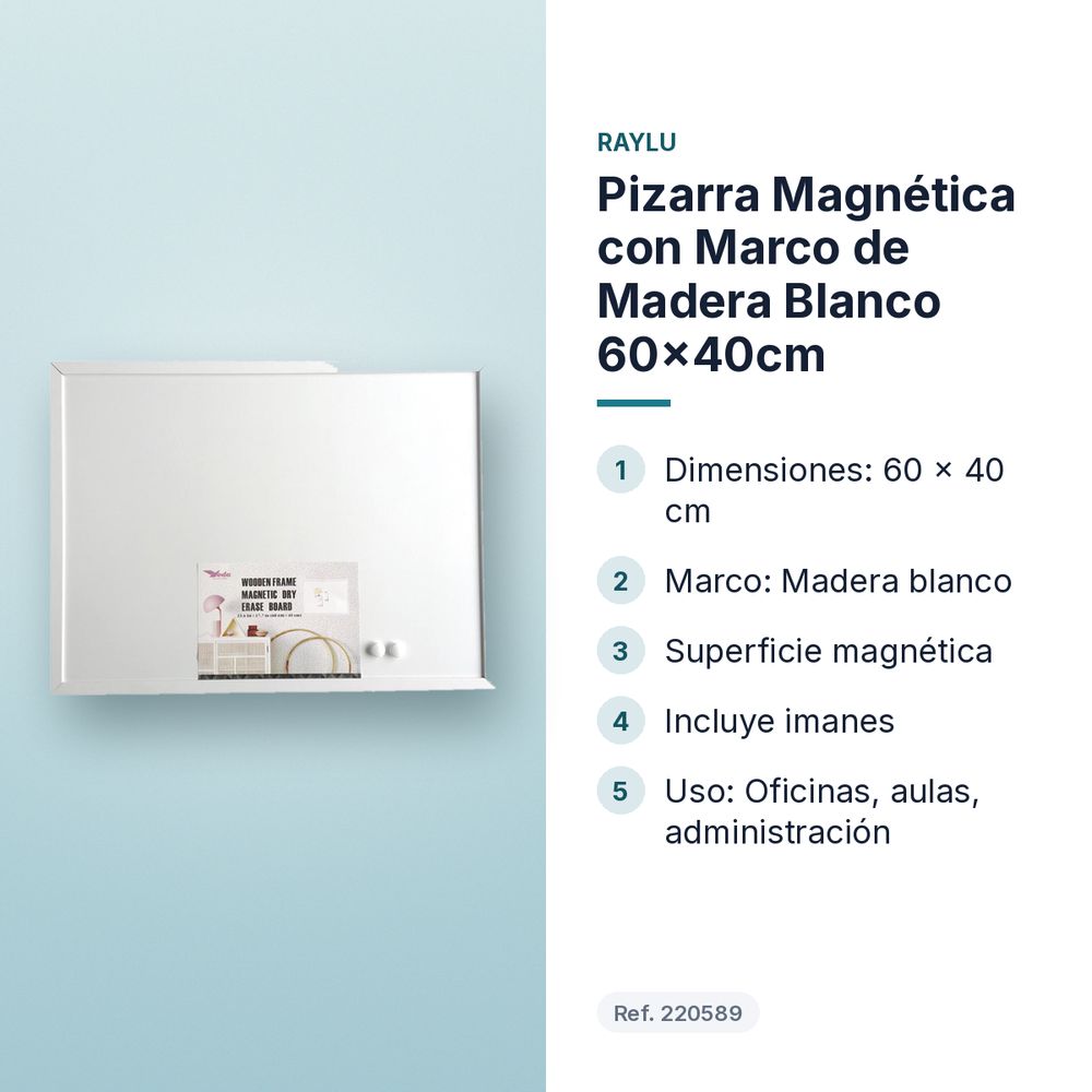 PIZARRA MAGNÉTICA CON MARCO DE MADERA BLANCO 60X40CM - características principales