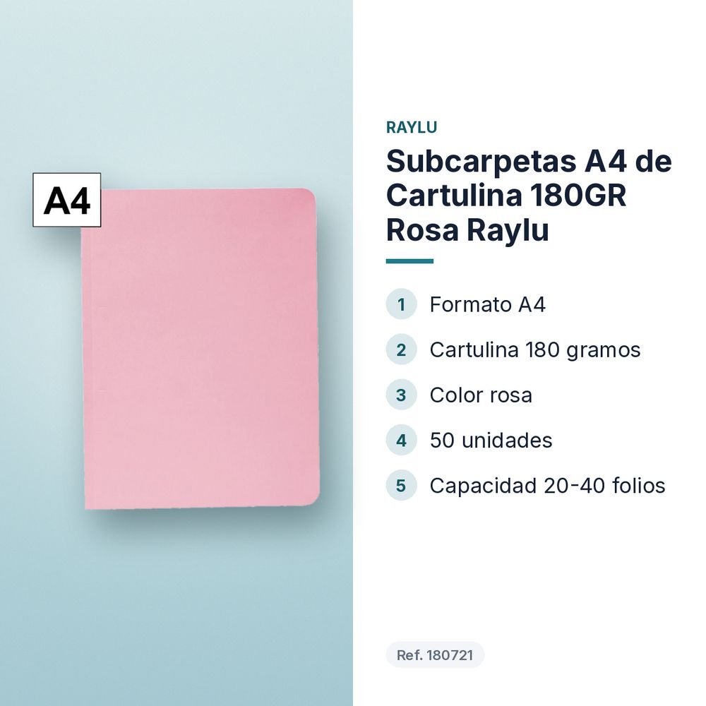 SUBCARPETAS A4 DE CARTULINA 180GR ROSA RAYLU - características principales