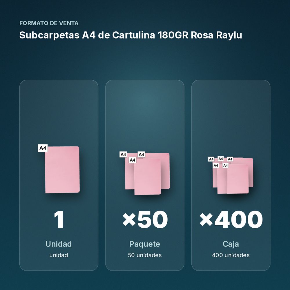 SUBCARPETAS A4 DE CARTULINA 180GR ROSA RAYLU - formato de venta: paquete de 50, caja de 400