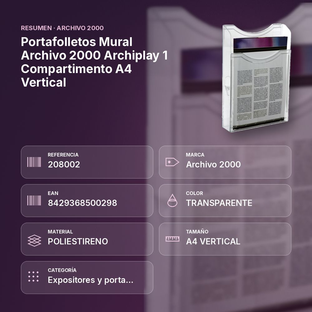 PORTAFOLLETOS MURAL ARCHIVO 2000 ARCHIPLAY 1 COMPARTIMENTO A4 VERTICAL - resumen de atributos