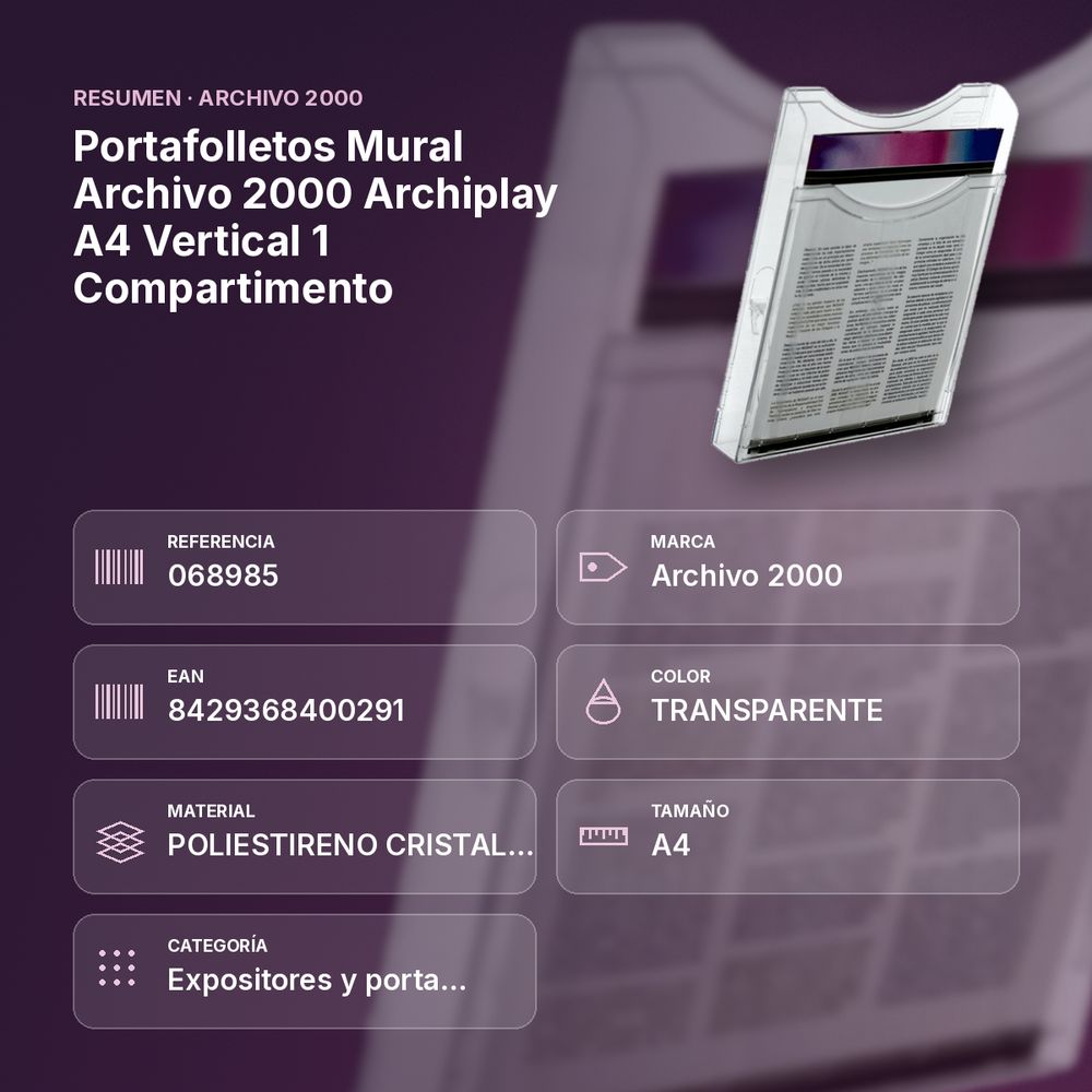 PORTAFOLLETOS MURAL ARCHIVO 2000 ARCHIPLAY A4 VERTICAL 1 COMPARTIMENTO - resumen de atributos