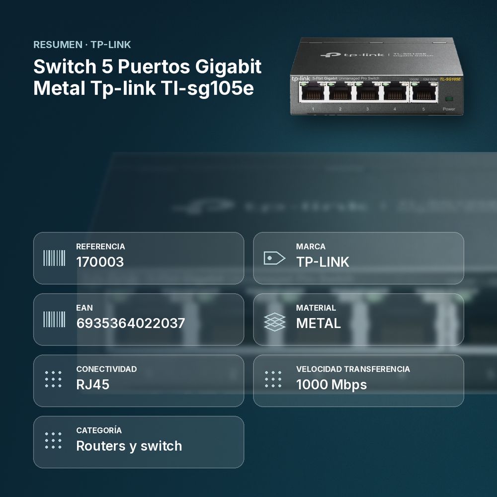 SWITCH 5 PUERTOS GIGABIT METAL TP-LINK TL-SG105E - resumen de atributos