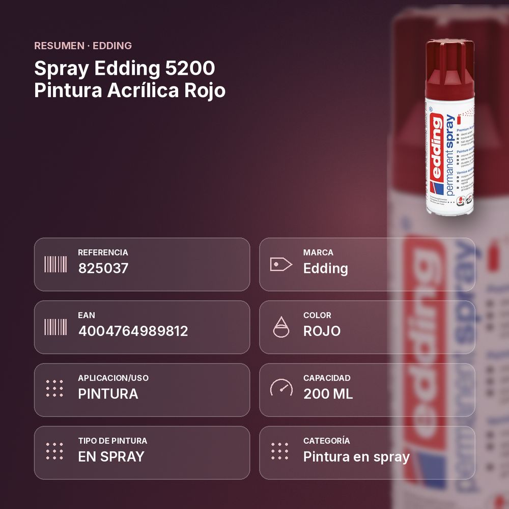 SPRAY EDDING 5200 PINTURA ACRÍLICA ROJO - resumen de atributos