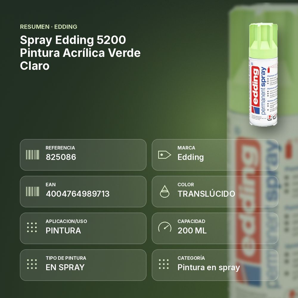 SPRAY EDDING 5200 PINTURA ACRÍLICA VERDE CLARO - resumen de atributos