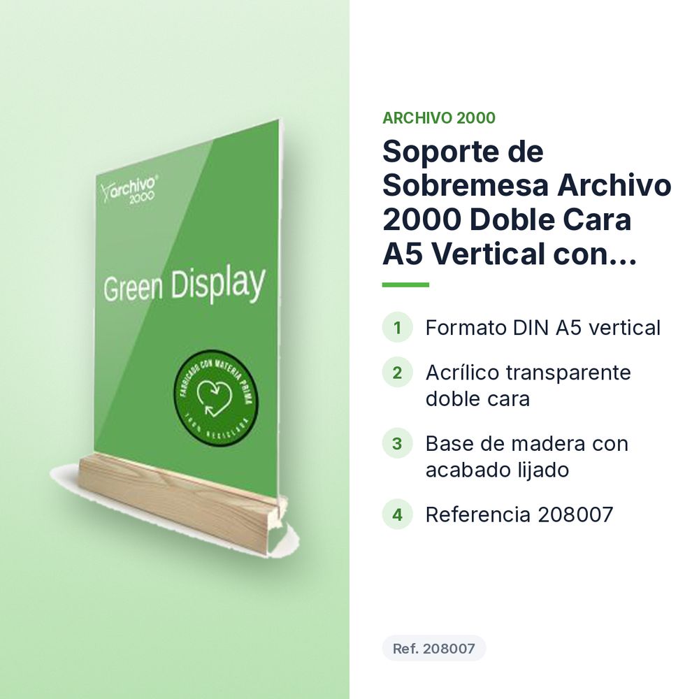 SOPORTE DE SOBREMESA ARCHIVO 2000 DOBLE CARA A5 VERTICAL CON BASE DE MADERA - características principales