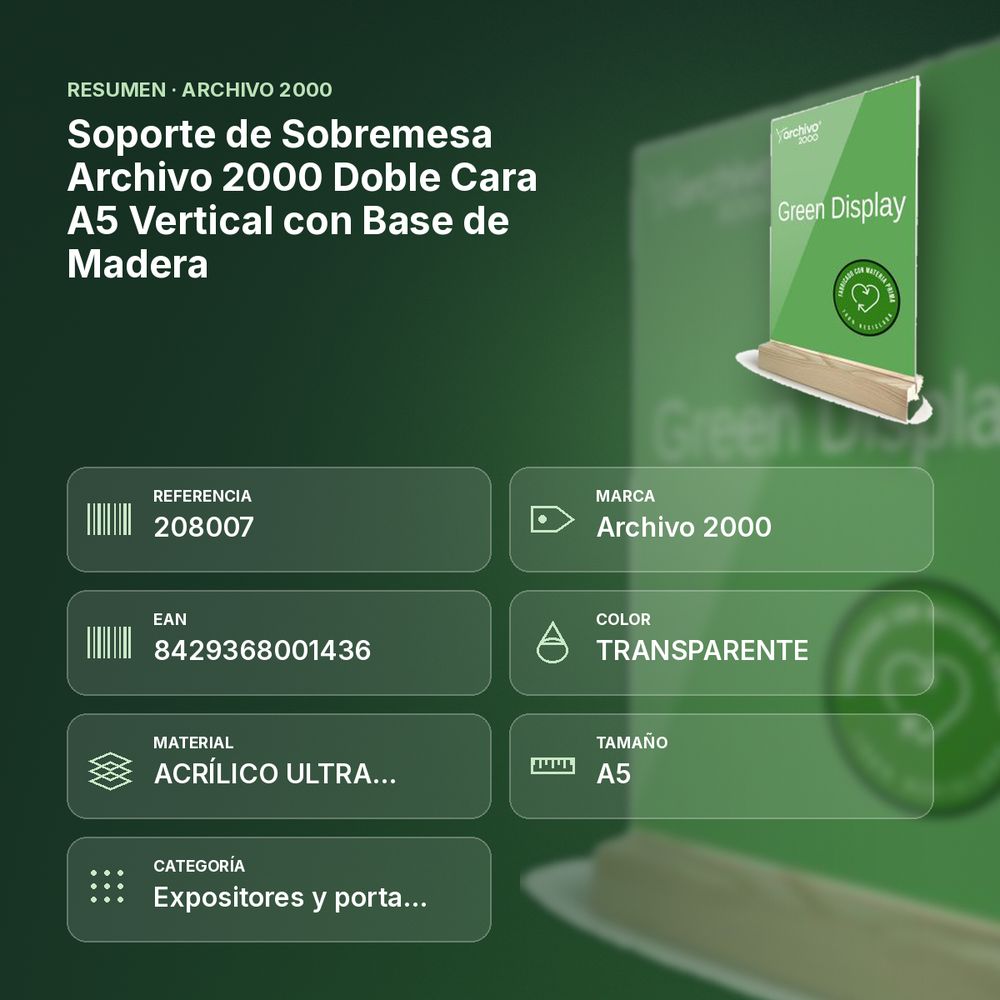 SOPORTE DE SOBREMESA ARCHIVO 2000 DOBLE CARA A5 VERTICAL CON BASE DE MADERA - resumen de atributos
