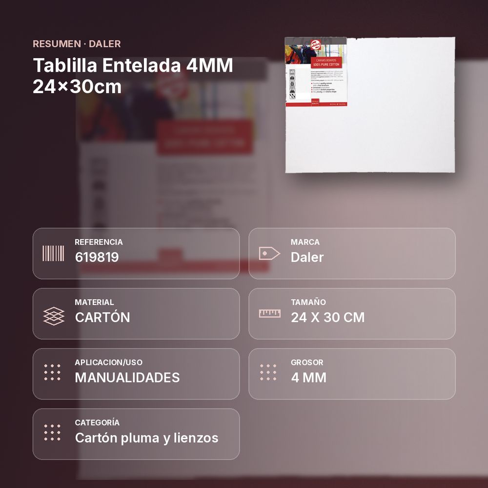 TABLILLA ENTELADA 4MM 24X30CM - resumen de atributos