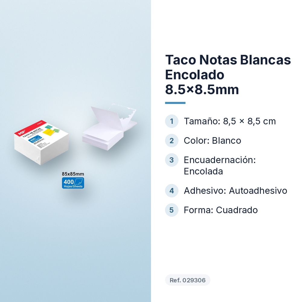 TACO NOTAS BLANCAS ENCOLADO 8.5X8.5MM - características principales