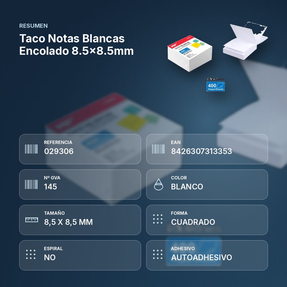 TACO NOTAS BLANCAS ENCOLADO 8.5X8.5MM - resumen de atributos