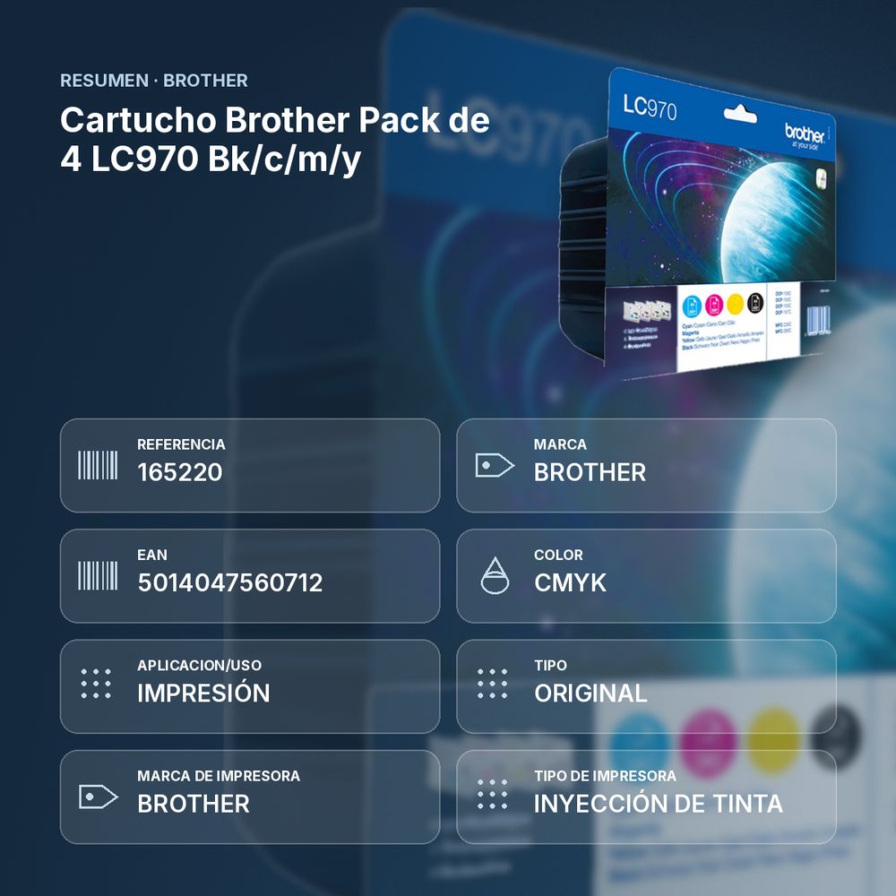 CARTUCHO BROTHER PACK DE 4 LC970 BK/C/M/Y - resumen de atributos