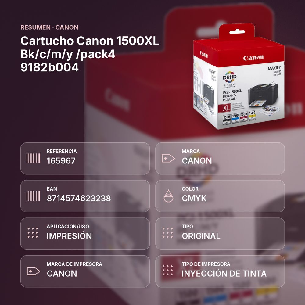 CARTUCHO CANON 1500XL BK/C/M/Y /PACK4 9182B004 - resumen de atributos