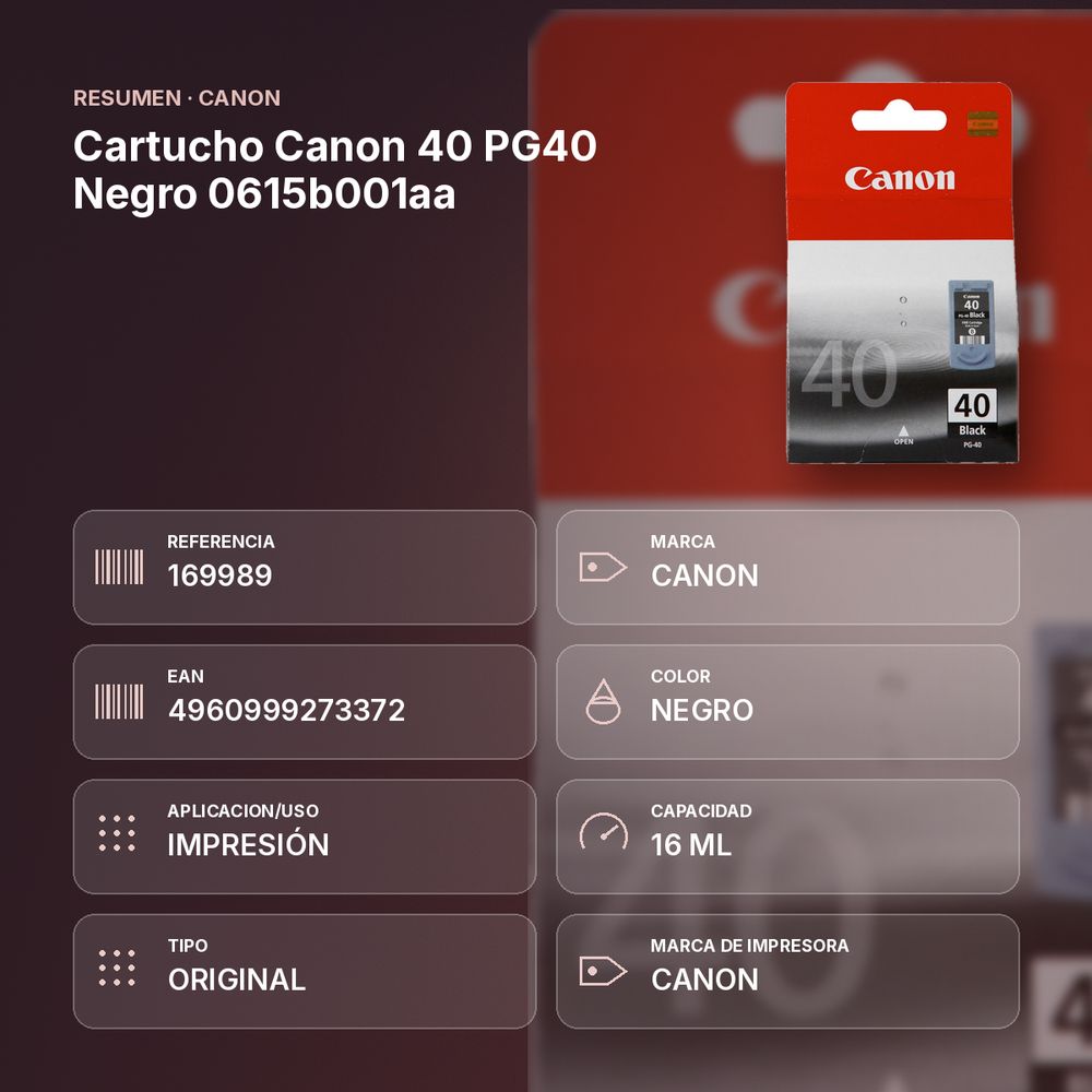 CARTUCHO CANON 40 PG40 NEGRO 0615B001AA - resumen de atributos