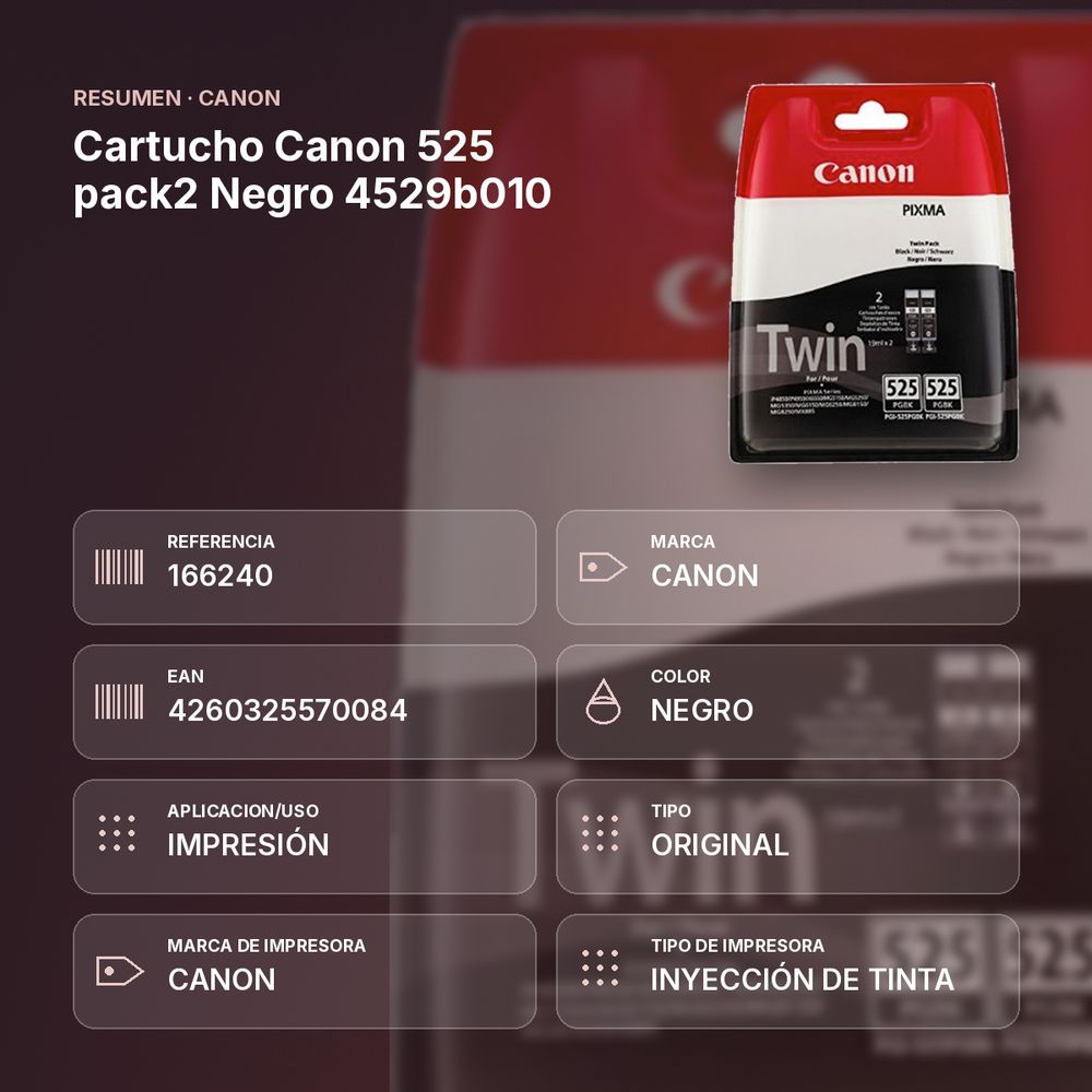 CARTUCHO CANON 525 PACK2 NEGRO 4529B010 - resumen de atributos