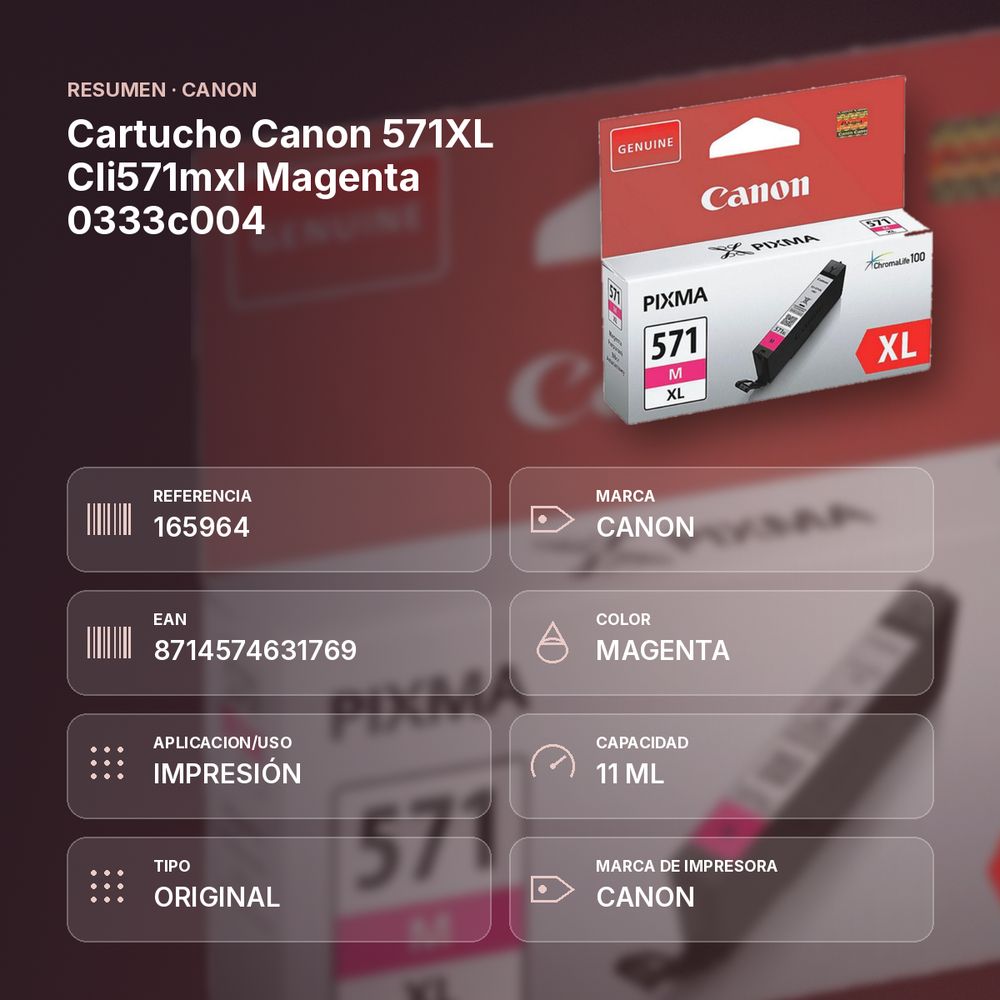 CARTUCHO CANON 571XL CLI571MXL MAGENTA 0333C004 - resumen de atributos