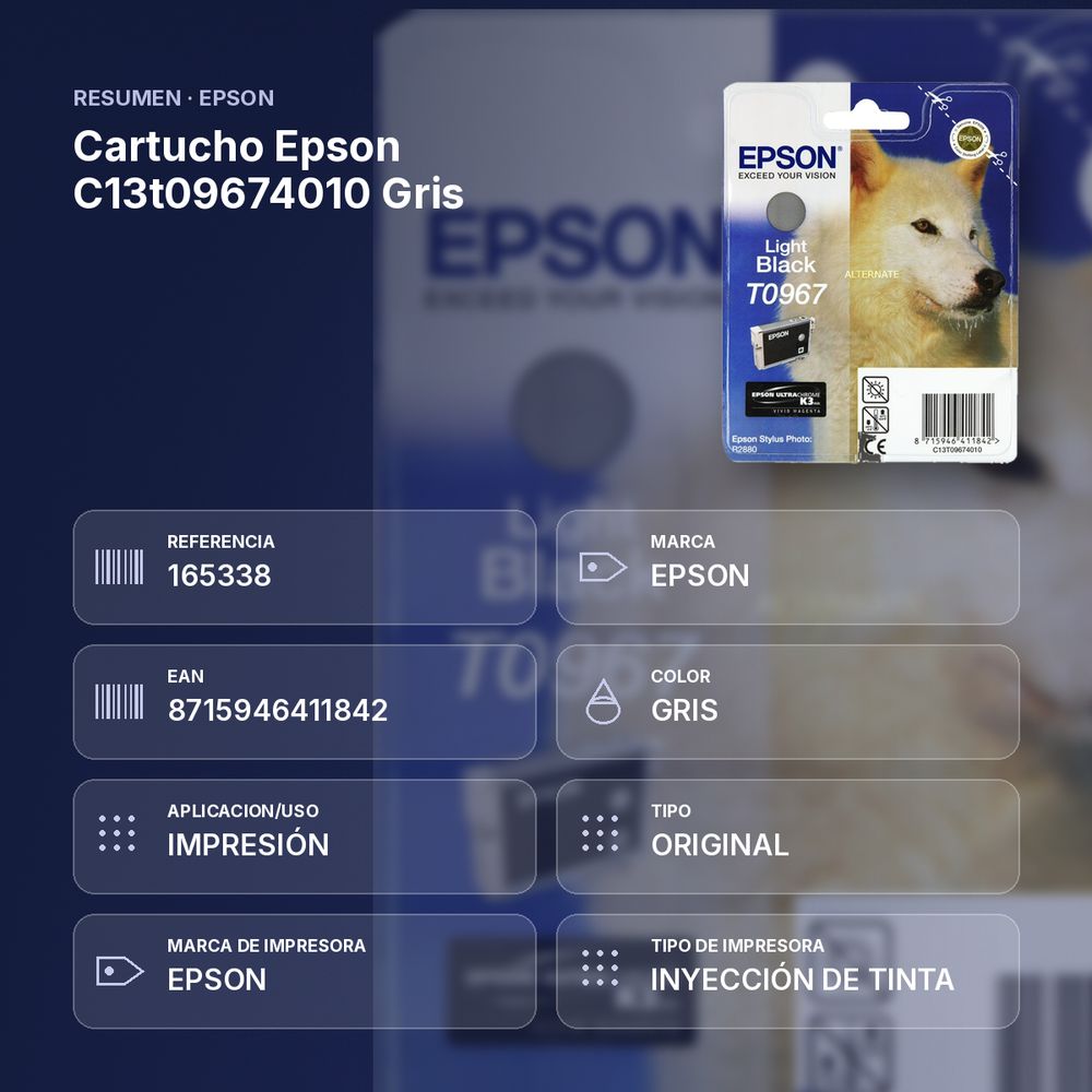 CARTUCHO EPSON C13T09674010 GRIS - resumen de atributos