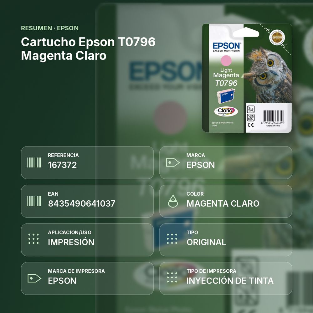 CARTUCHO EPSON T0796 MAGENTA CLARO - resumen de atributos