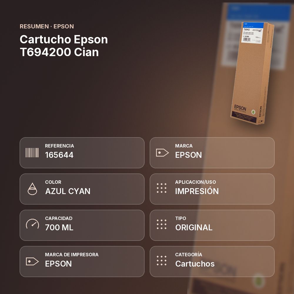 CARTUCHO EPSON T694200 CIAN - resumen de atributos