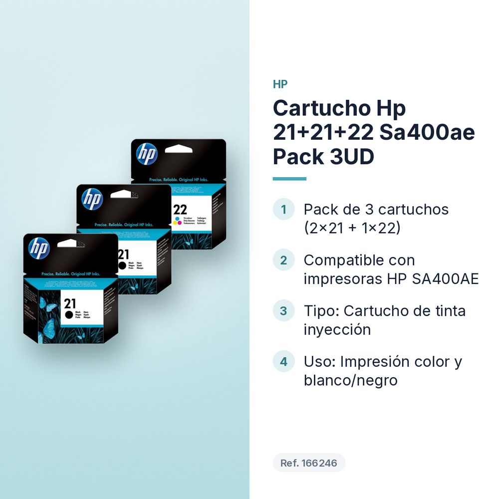 CARTUCHO HP 21+21+22 SA400AE PACK 3UD - características principales