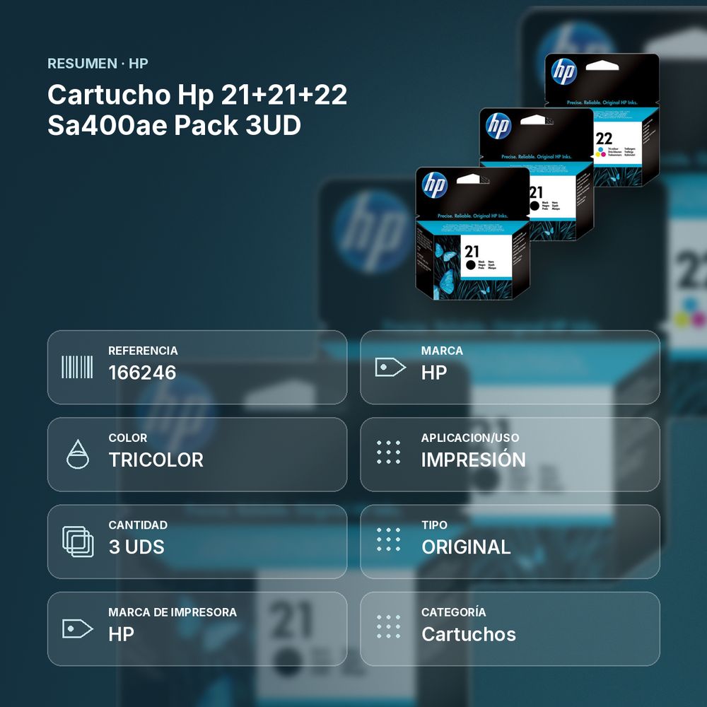 CARTUCHO HP 21+21+22 SA400AE PACK 3UD - resumen de atributos