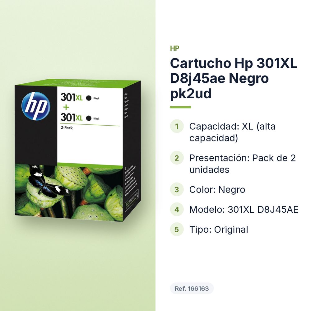 CARTUCHO HP 301XL D8J45AE NEGRO PK2UD - características principales