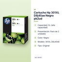 CARTUCHO HP 301XL D8J45AE NEGRO PK2UD - características principales