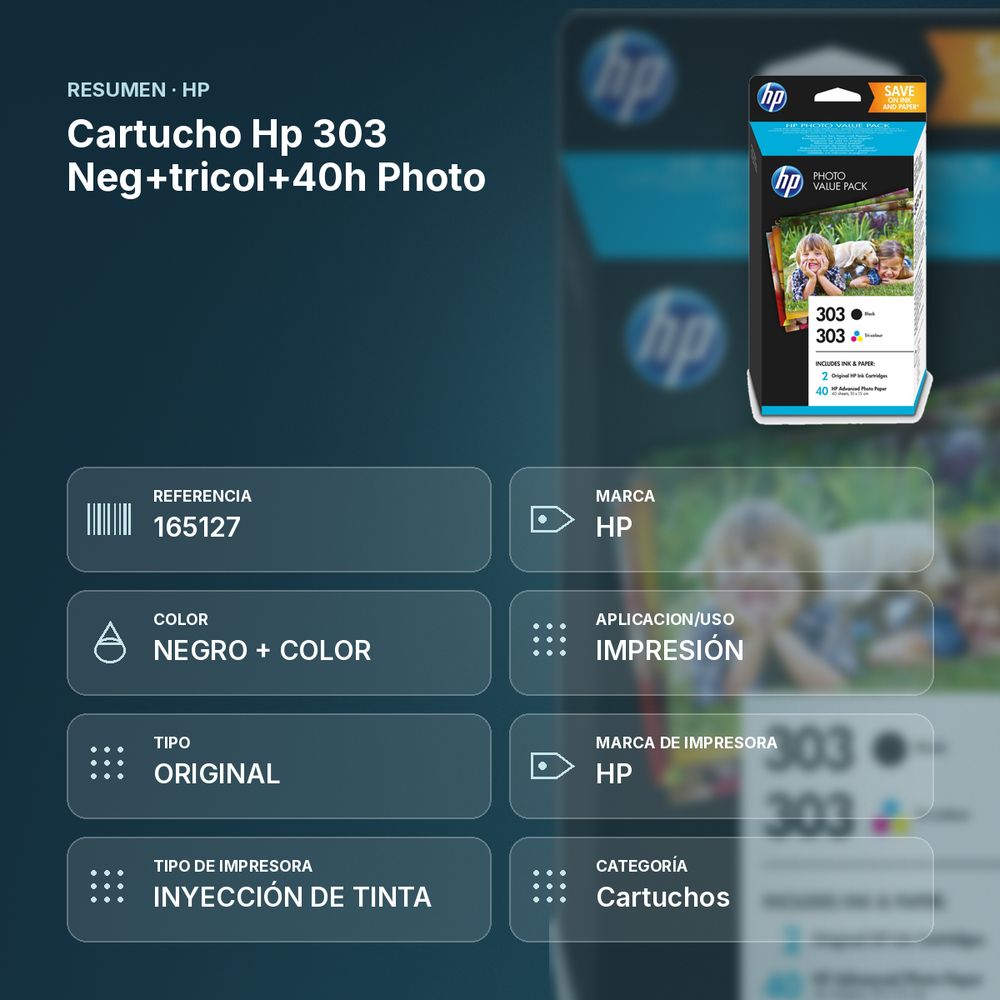 CARTUCHO HP 303 NEG+TRICOL+40H PHOTO - resumen de atributos